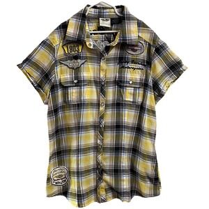 Harley Davidson Women's Yellow Plaid Garage Button Shirt Motorcycles Biker Sz. M
